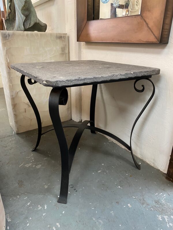 Grey Cantera Stone Side Table with Black Iron Base