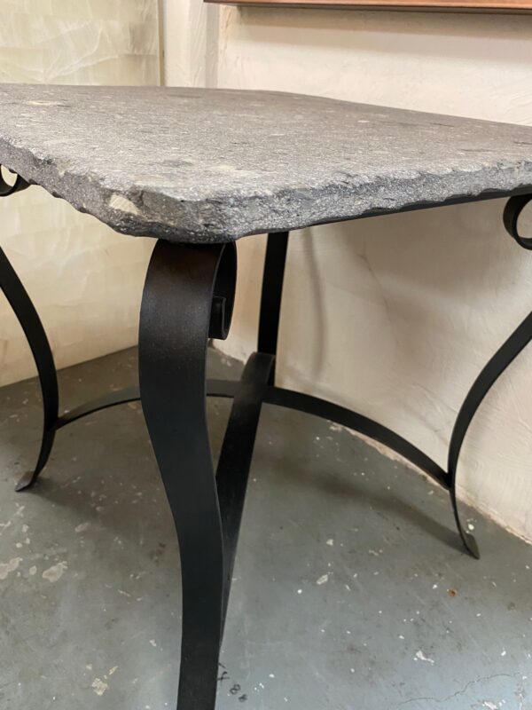 Grey Cantera Stone Side Table with Black Iron Base