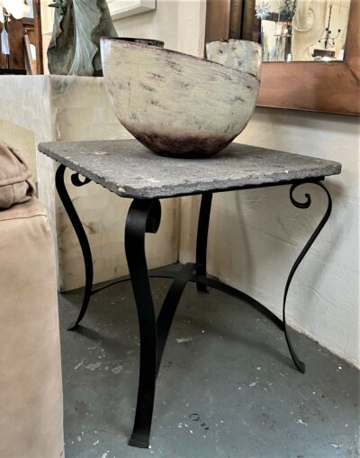 Grey Cantera Stone Side Table with Black Iron Base