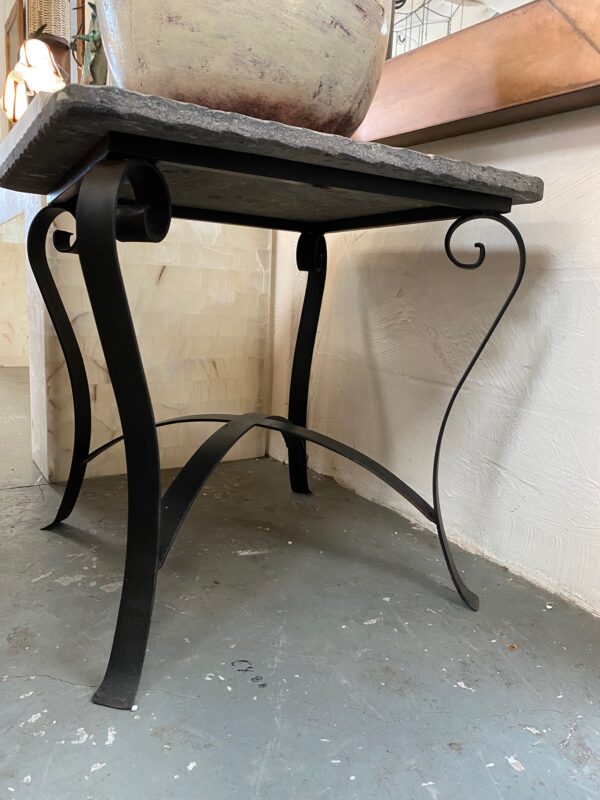 Grey Cantera Stone Side Table with Black Iron Base