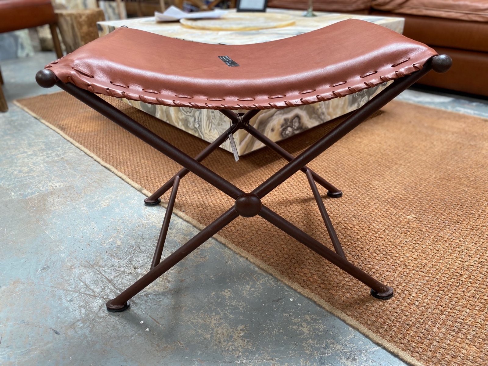 Tan Leather Iron Stool or Luggage Rack LA Imports
